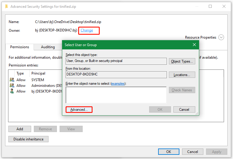 click Advanced in the Select User or Group window