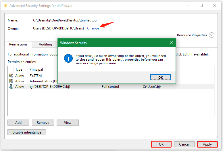click Apply in advanced security settings