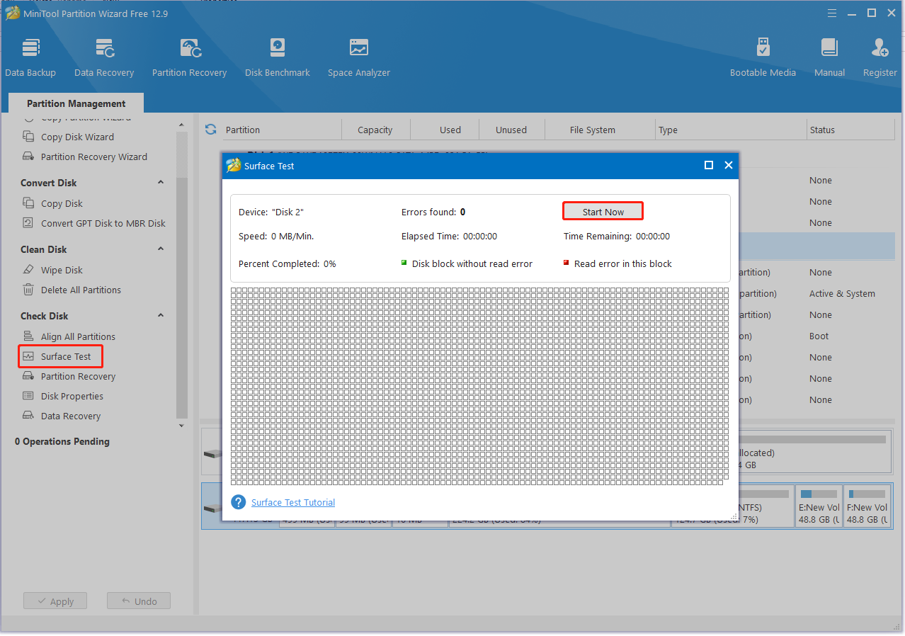 run Surface test in Partition Magic