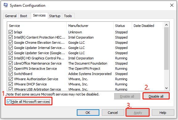disable all services in System Configuration