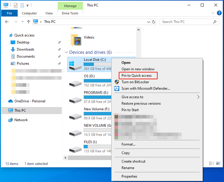 choose Pin to Quick access