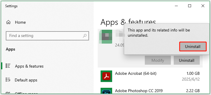 uninstall program in Settings
