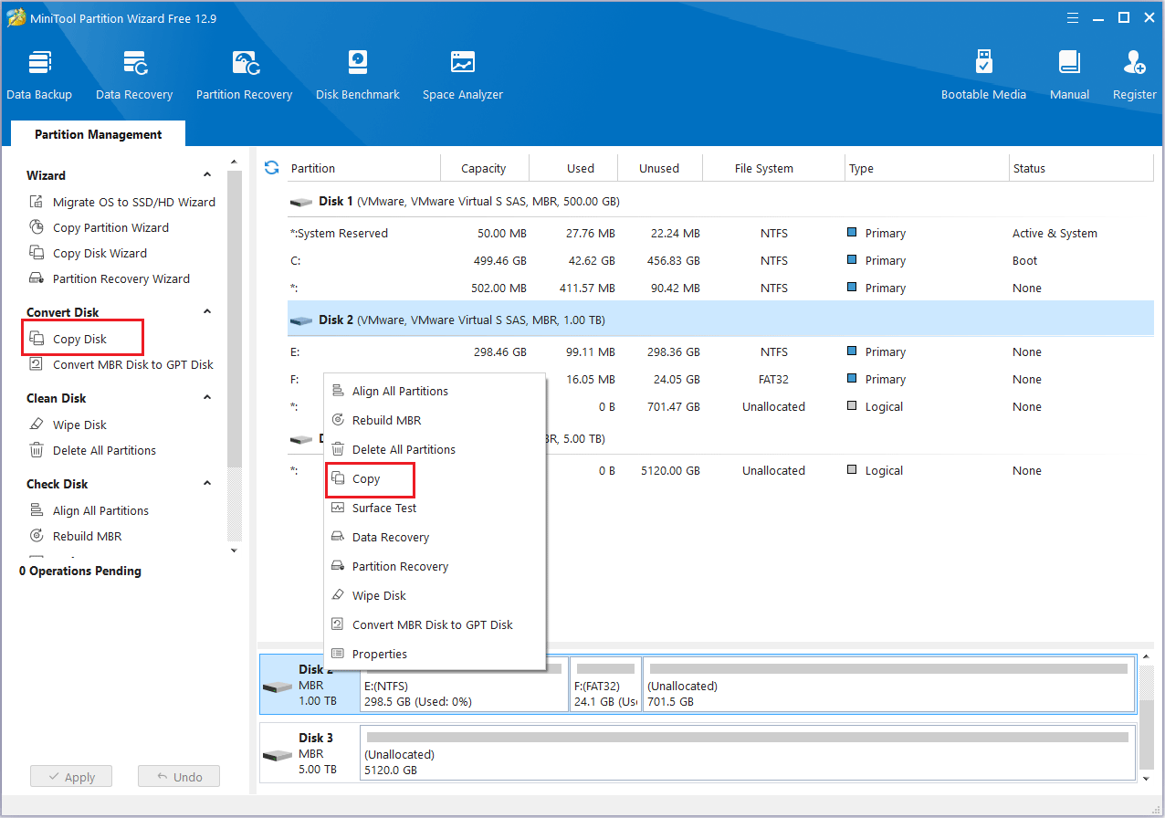 click Copy feature in MiniTool Partition Wizard