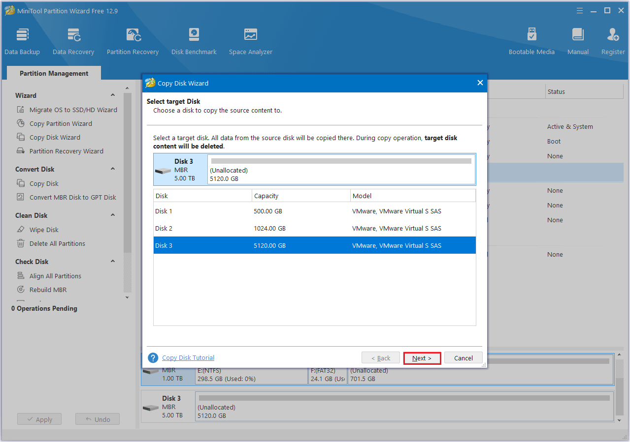 select a target disk in MiniTool Partition Wizard
