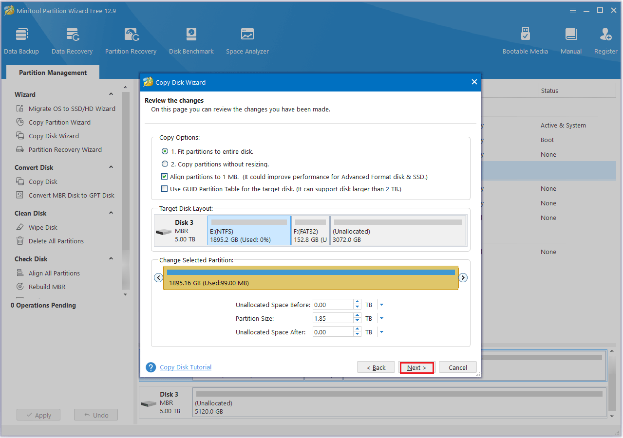 choose a copy option in MiniTool Partition Wizard