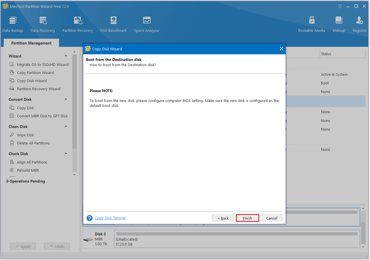 click Finish in MiniTool Partition Wizard