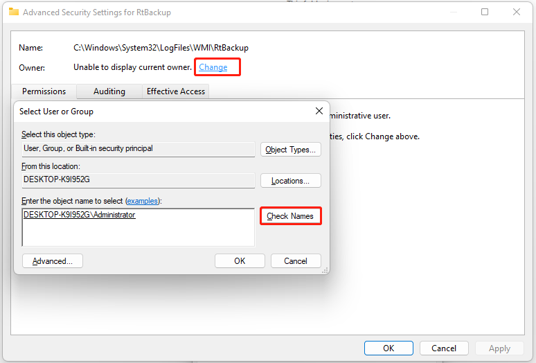 click Check Names in select User or Group