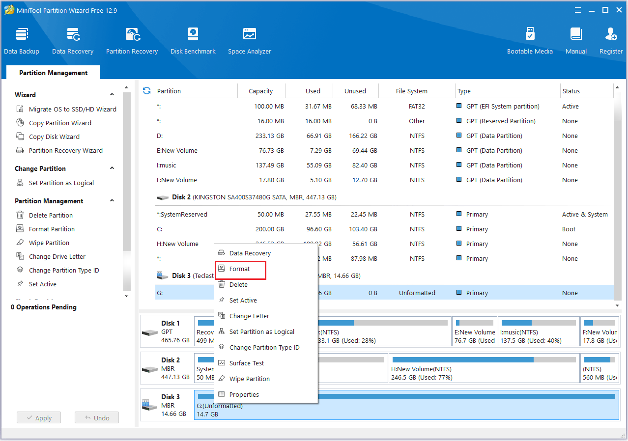 click Format in MiniTool Partition Wizard