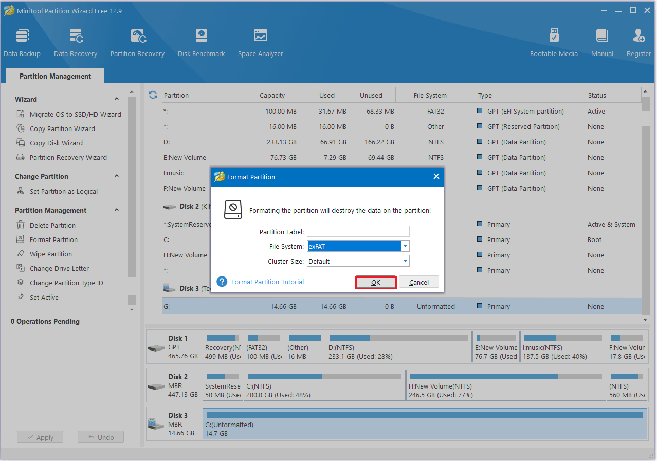 choose exFAT file system in MiniTool Partition Wizard
