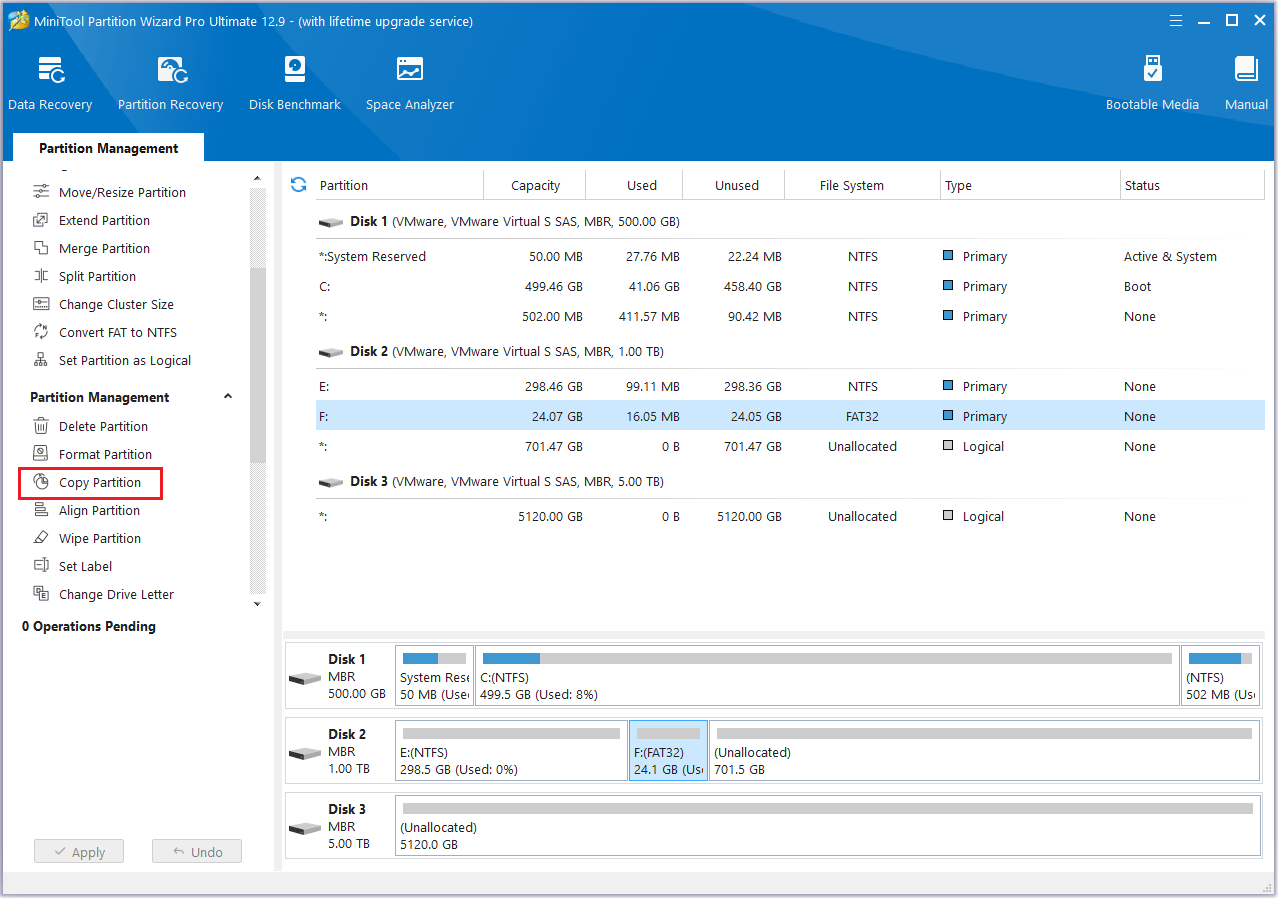 click Copy Option in MiniTool Partition Wizard