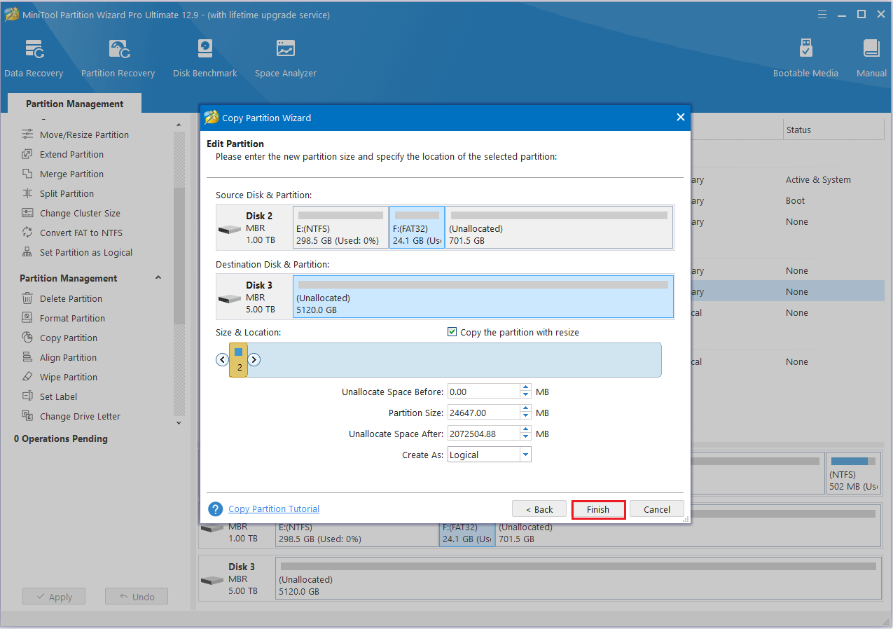 click Finish in MiniTool Partition Wizard