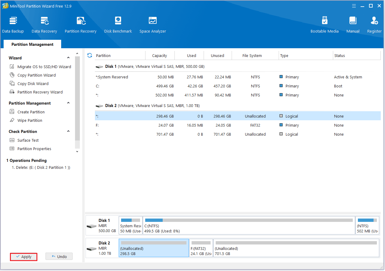 delete the partition in MiniTool Partition Wizard