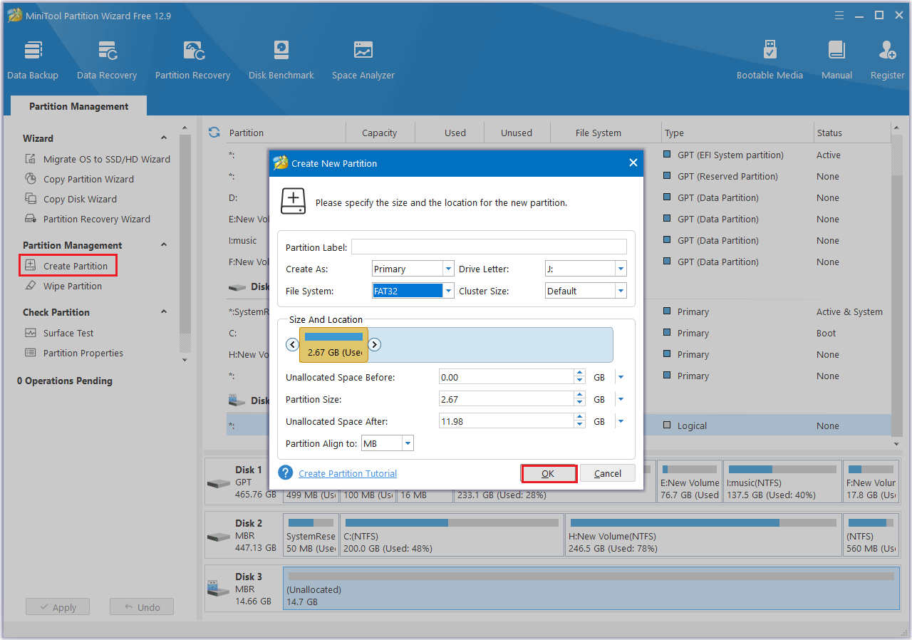 create a partition in MiniTool Partition Wizard
