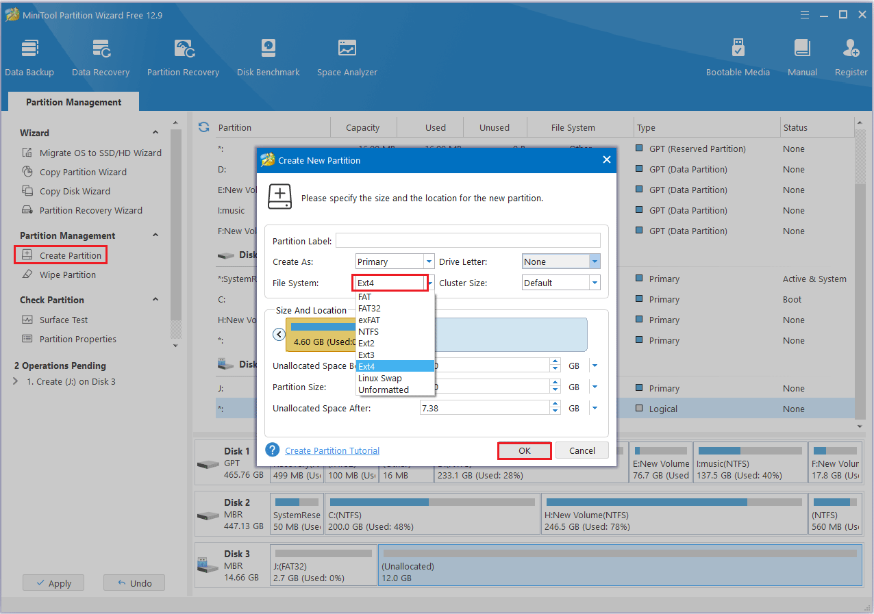 create Ext4 partition in MiniTool Partition Wizard