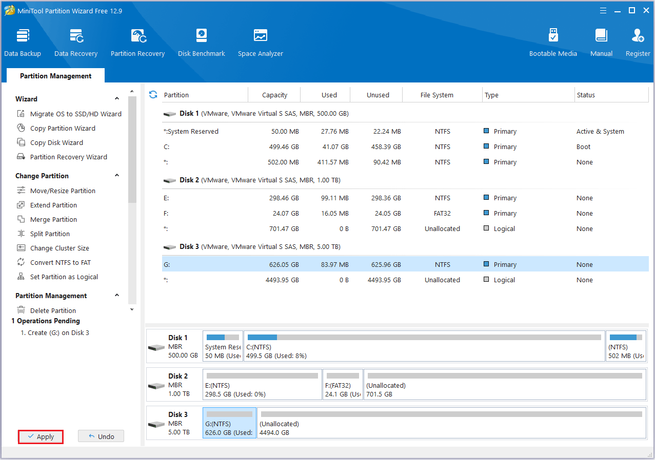 click Apply in MiniTool Partition Wizard