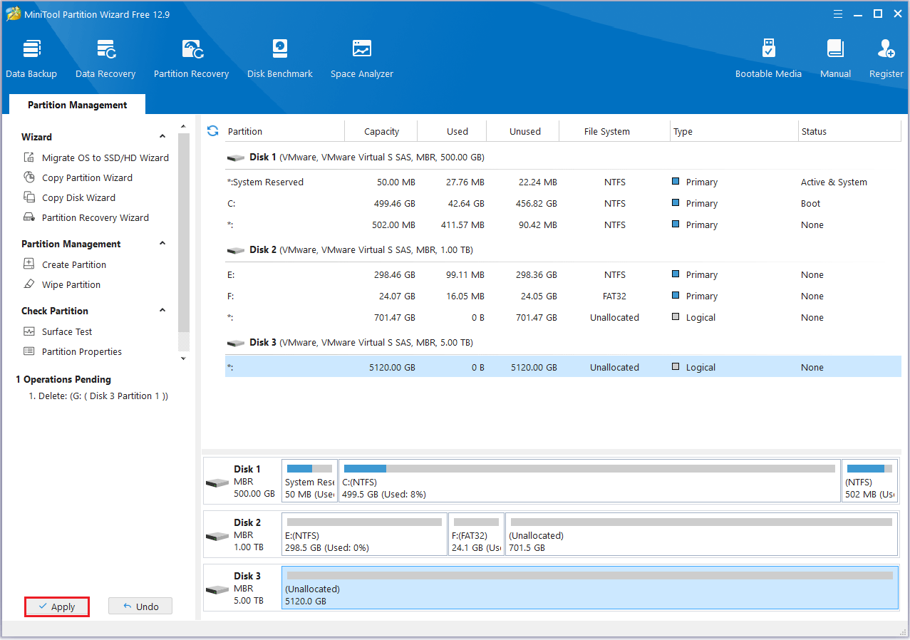 delete the partition in MiniTool Partition Wizard