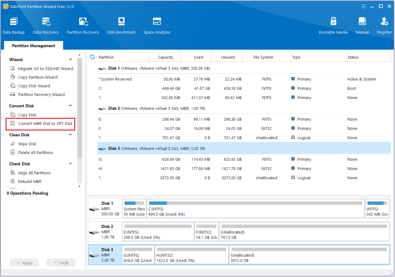 click Convert MBR Disk to GPT Disk in MiniTool Partition Wizard