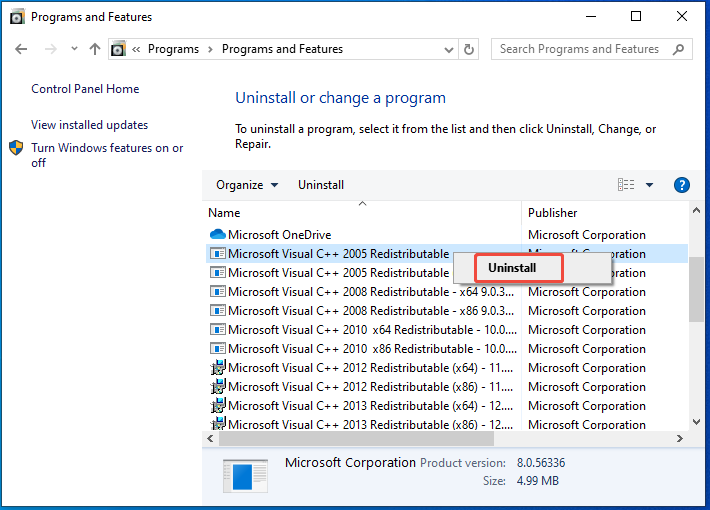 uninstall Visual C redistributable