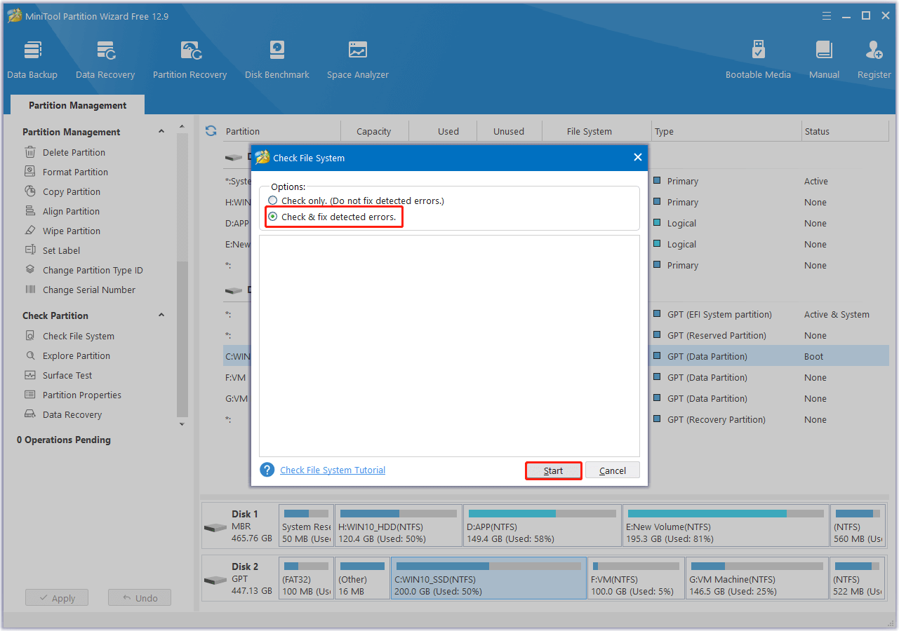 run Check File System in MiniTool Partition Wizard