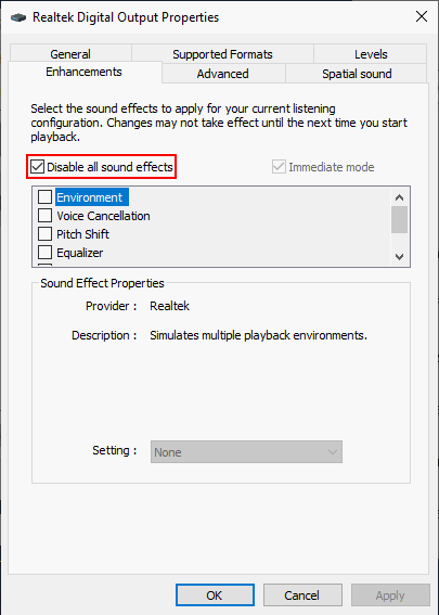 select Disable all sound effects