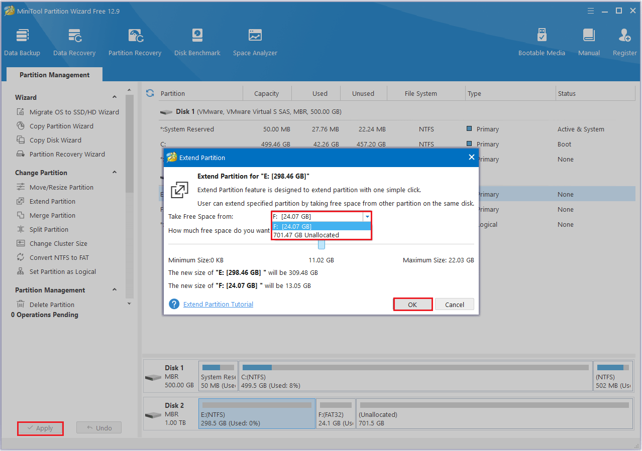 extend the partition in Minitool Partition Wizard