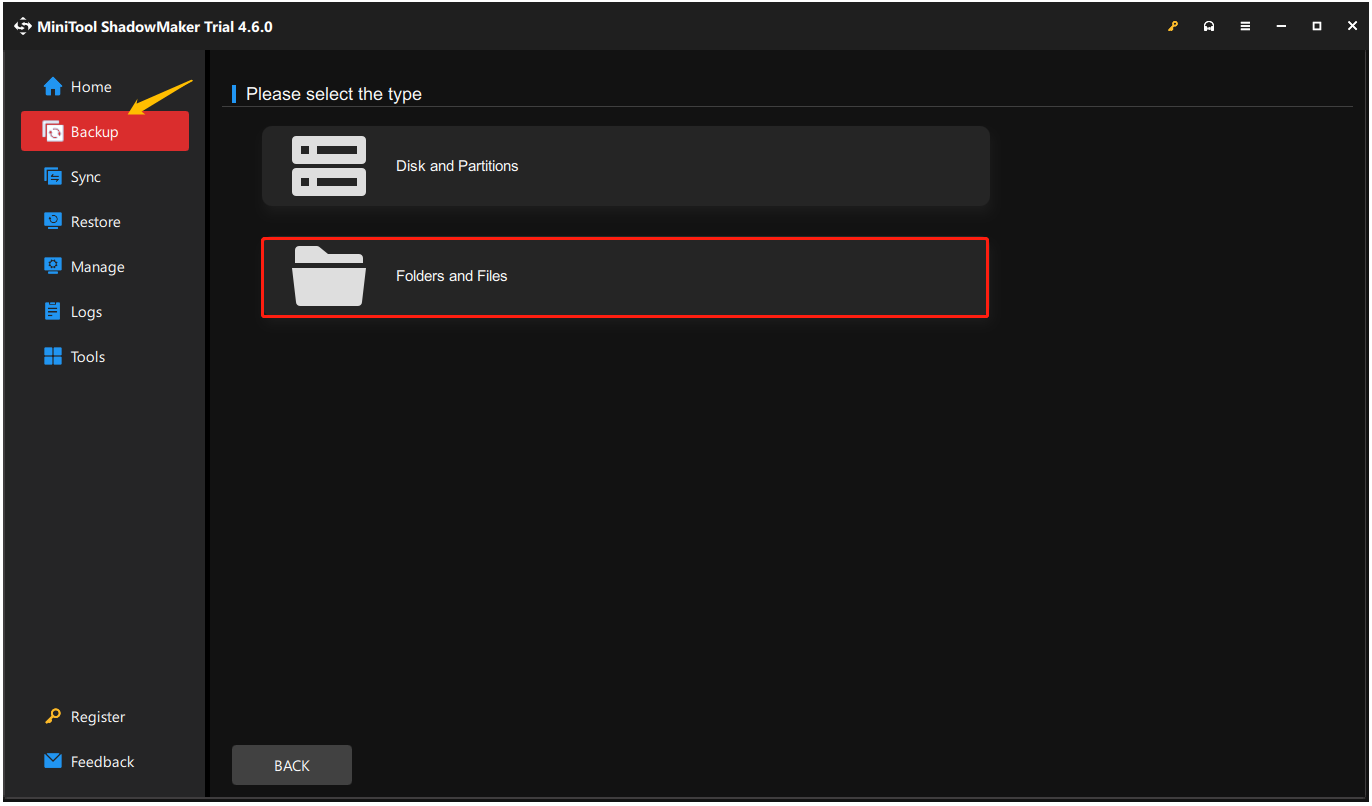 select Disk and Partitions on MiniTool ShadowMaker