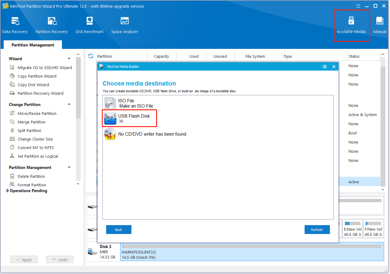 click Bootable Media in Partition Wizard