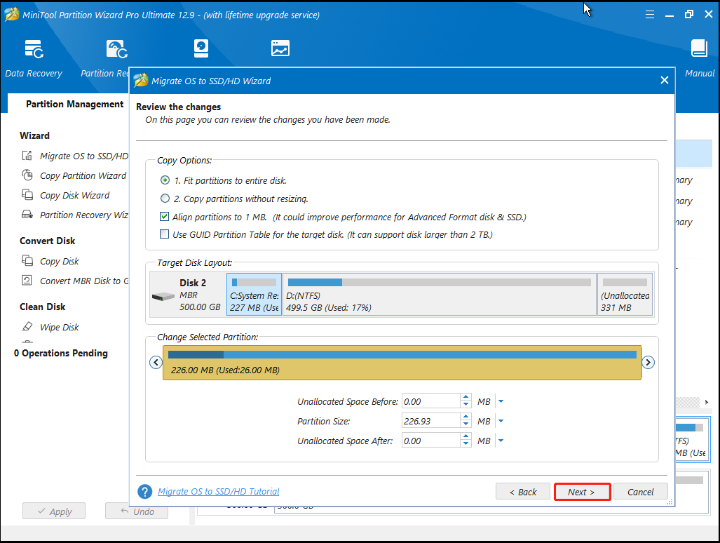 confirm copy options on Partition Wizard