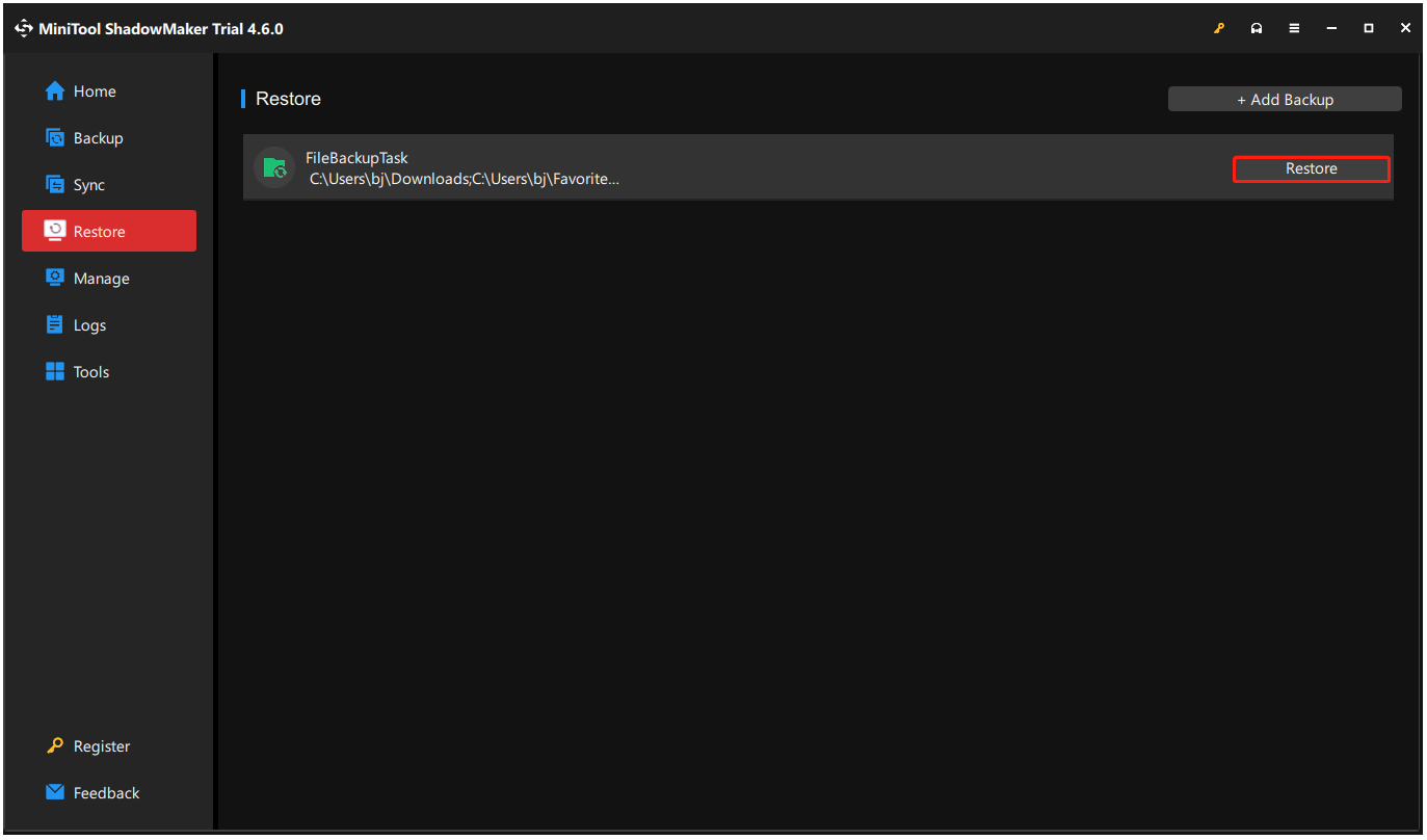 restart backup image using ShadowMaker