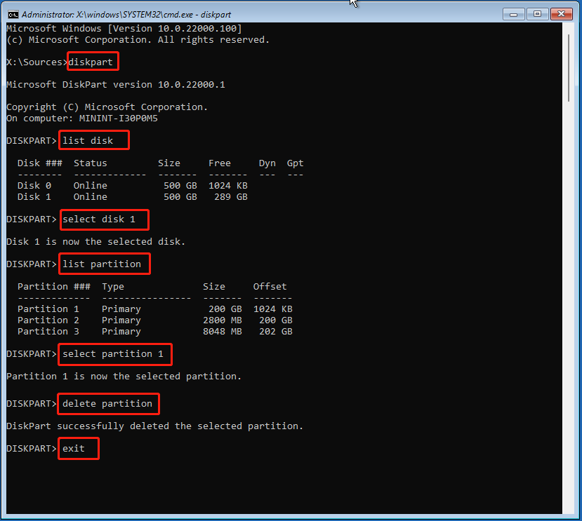 delete a partition using DiskPart
