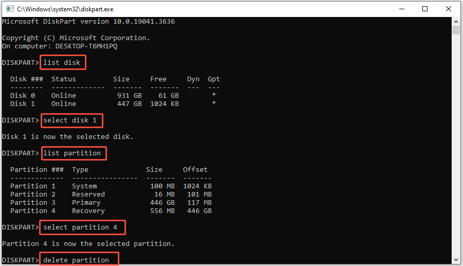 type and execute commands in DiskPart