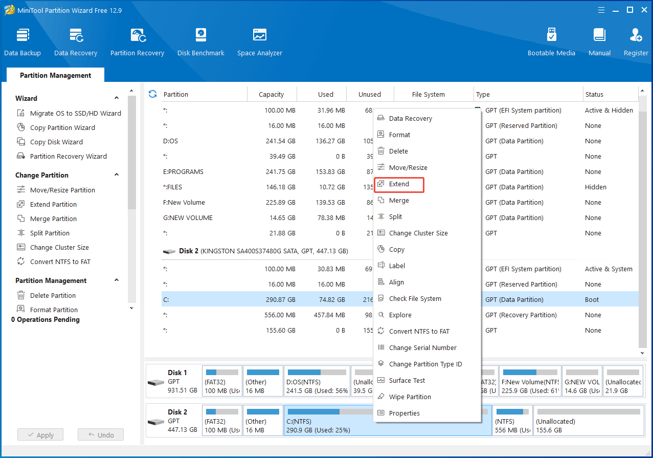 choose C drive and hit Extend in Partition Magic