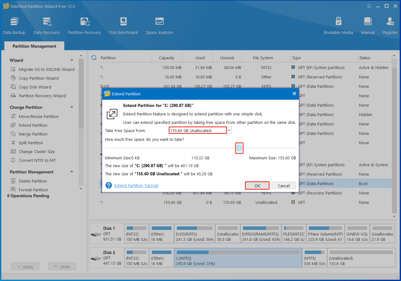 take space from unallocated space in Partition Magic