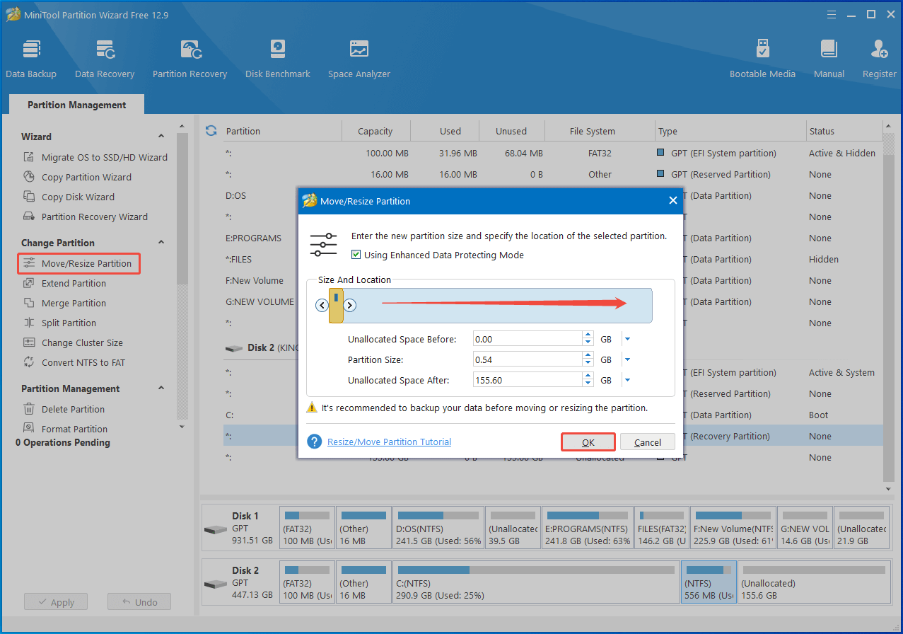 move the recovery to the end of the disk using Partition Magic