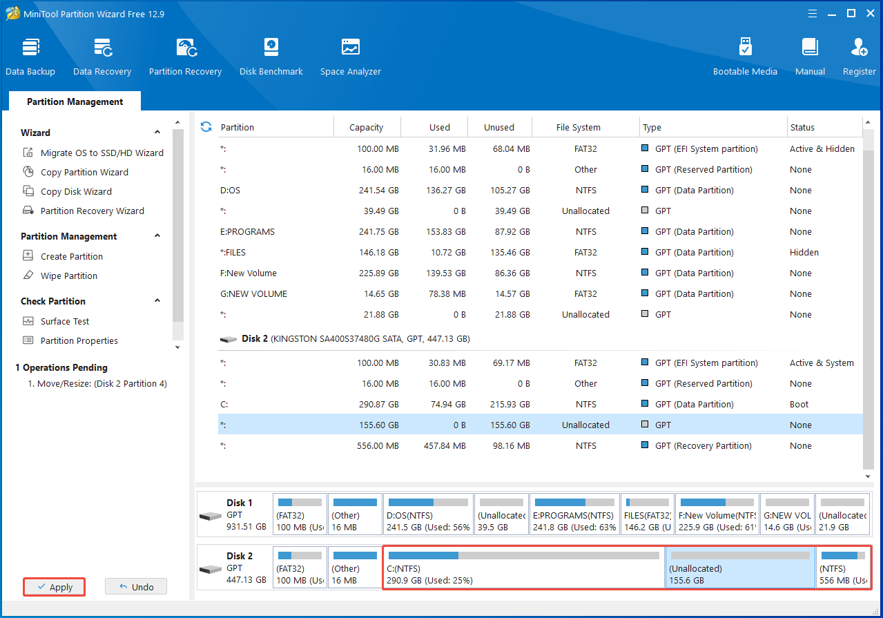 view the result and apply the operation in Partition Magic