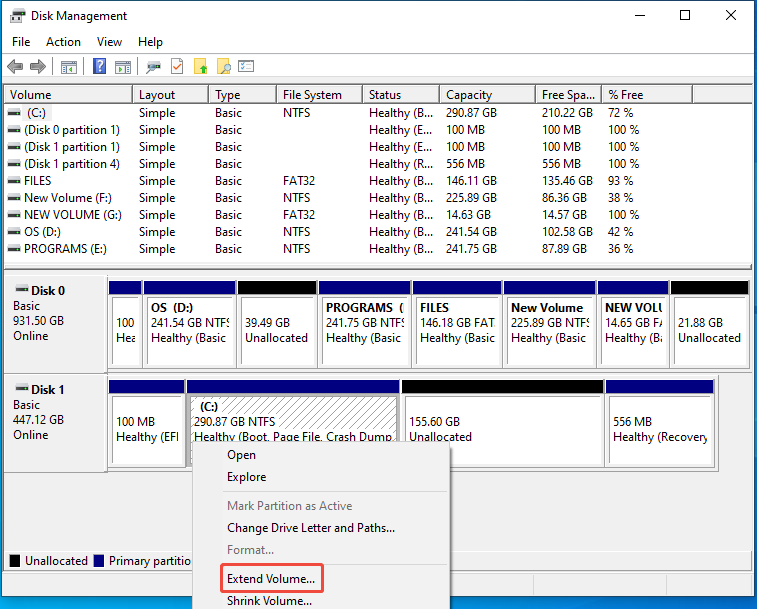 extend C drive in Disk Management