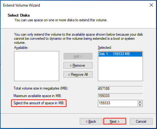 choose the amount of space to take and click Next