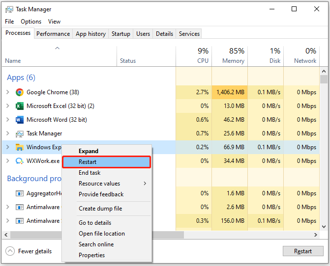Restart Windows Explorer in Task Manager