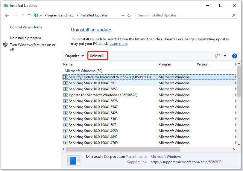 uninstall the latest update via Control Panel