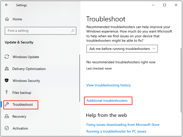 navigate to Additional troubleshooters