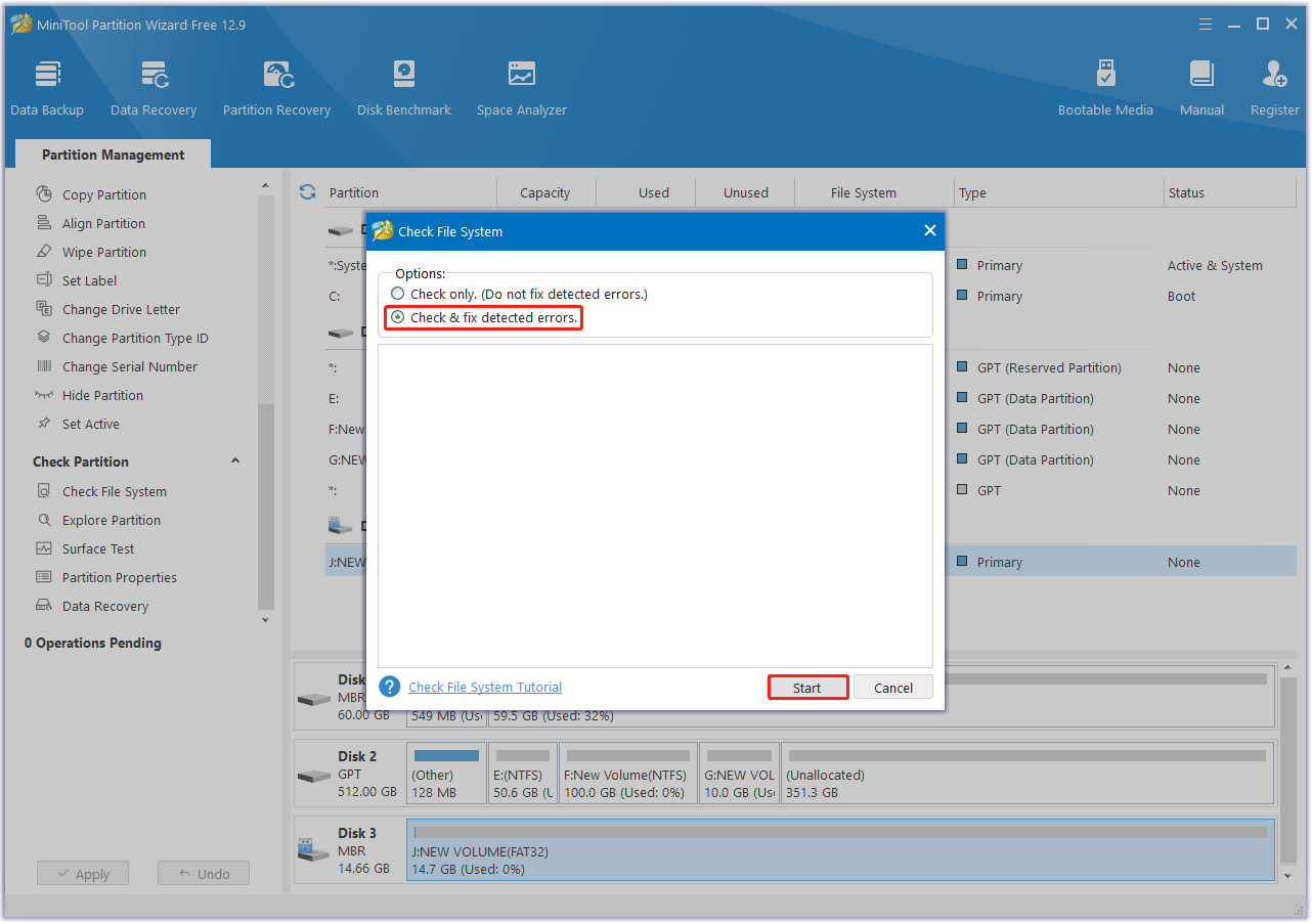 start to check and fix file system errors
