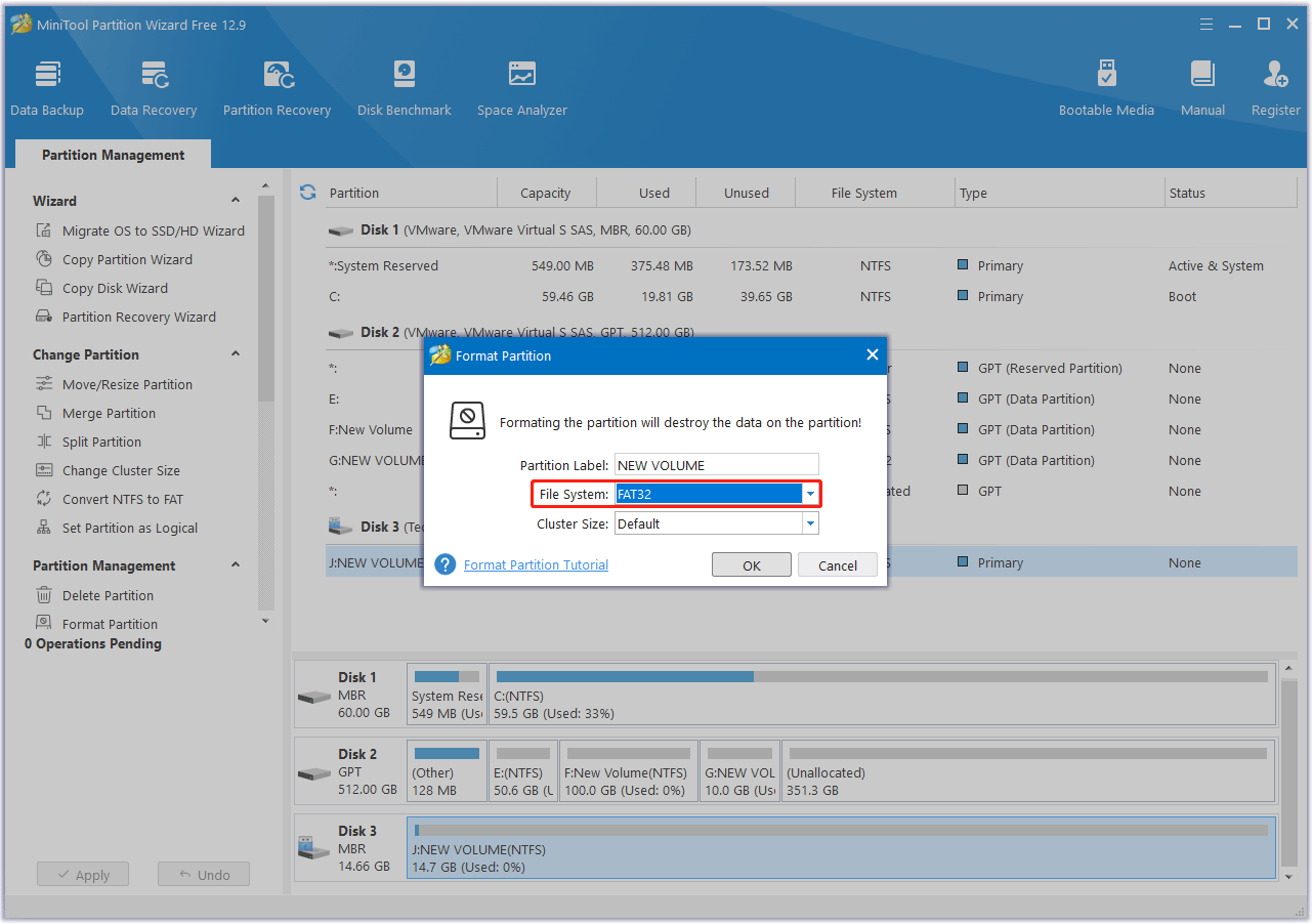 choose FAT32 file system for SD card in MiniTool Partition Wizard