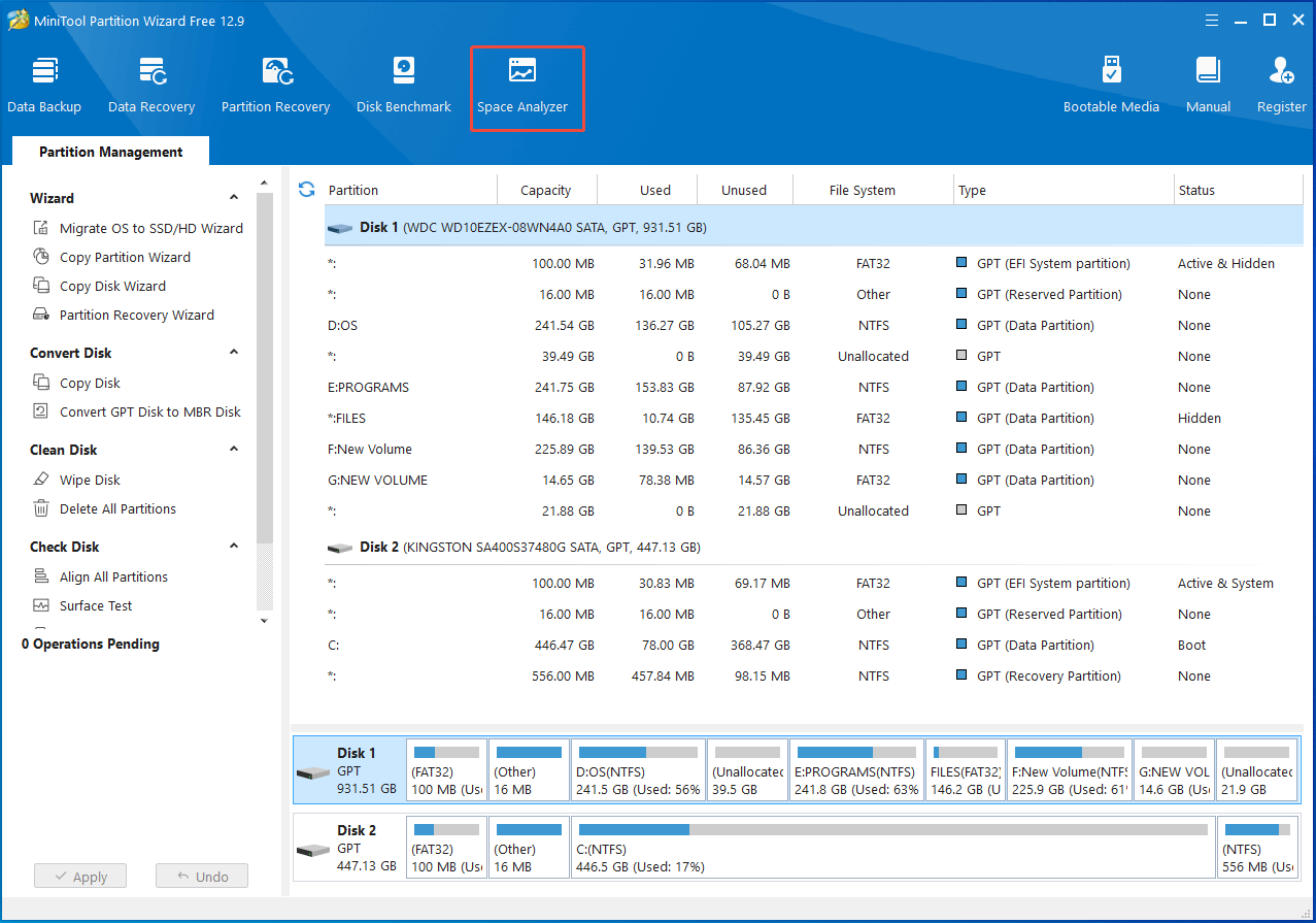 click Space Analyzer in the tool bar of Partition Magic