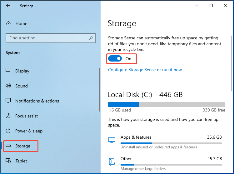 enable Storage Sense in Settings