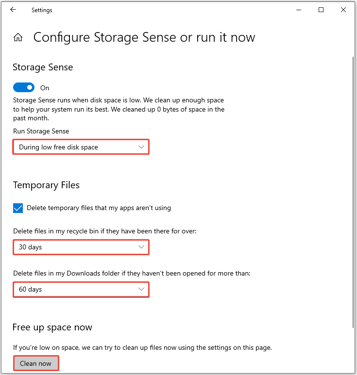configure Storage Sense settings