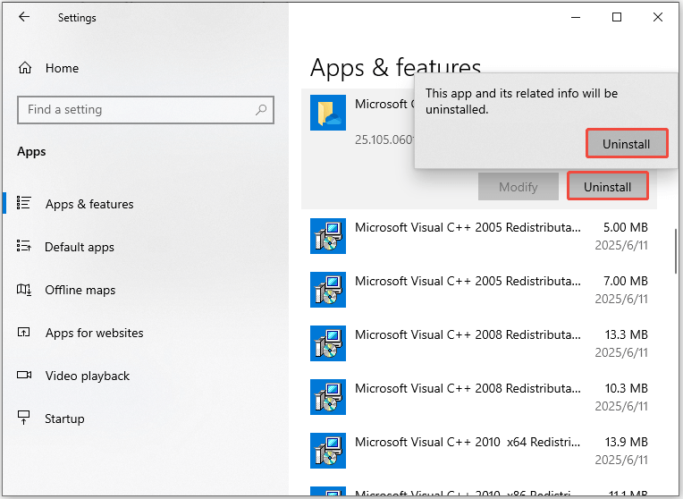 uninstall the program and confirm the operation in Settings
