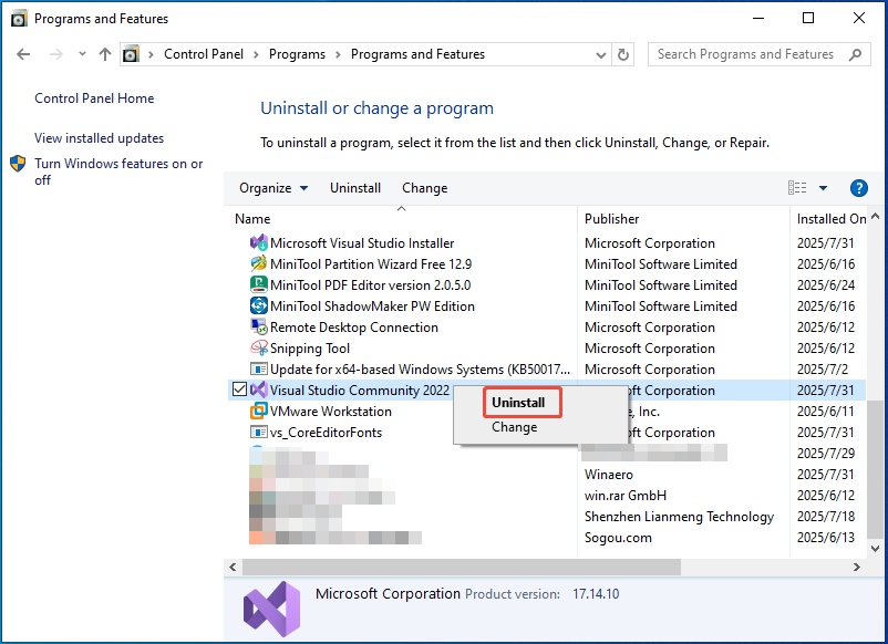 uninstall programs in Control Panel