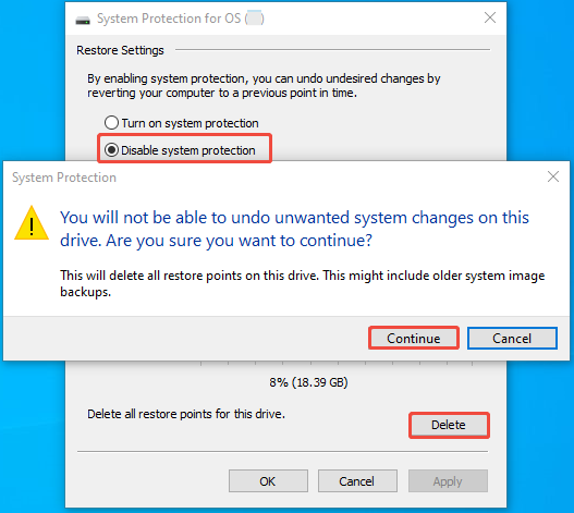 disable system protection and delete restore points