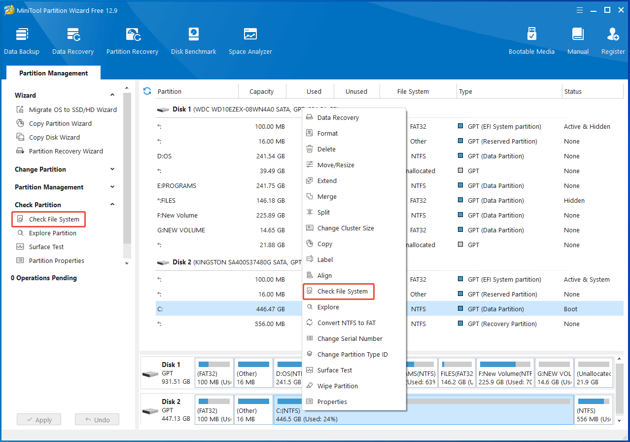 click C drive and choose Check File System in Partition Magic