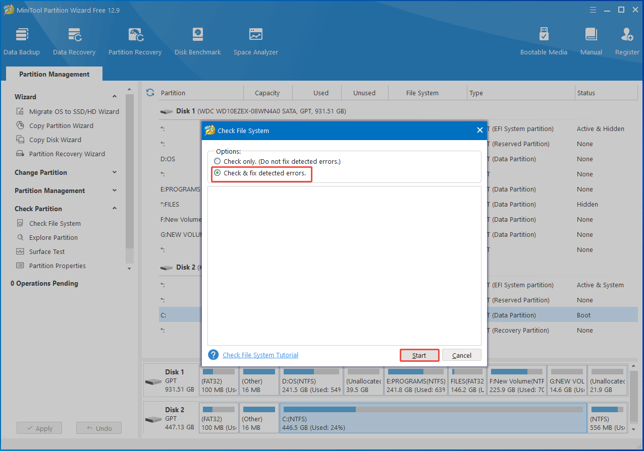 choose an option and begin the process in Partition Magic